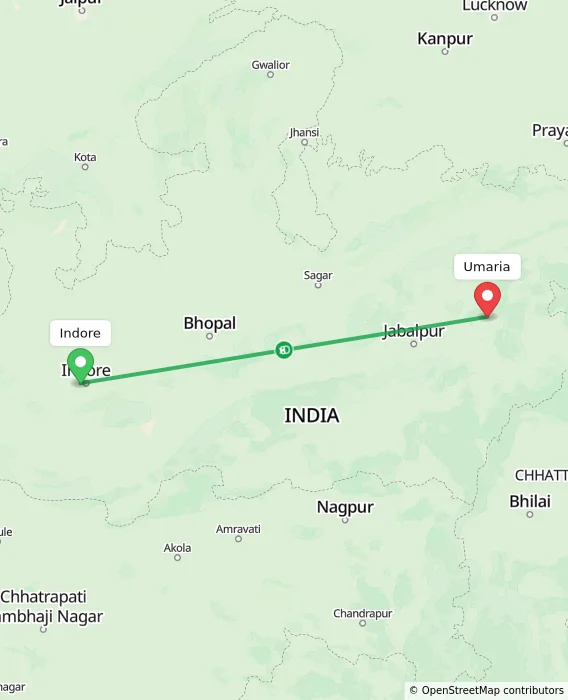 Route map showing distance and travel time from Indore, India to Umaria, India