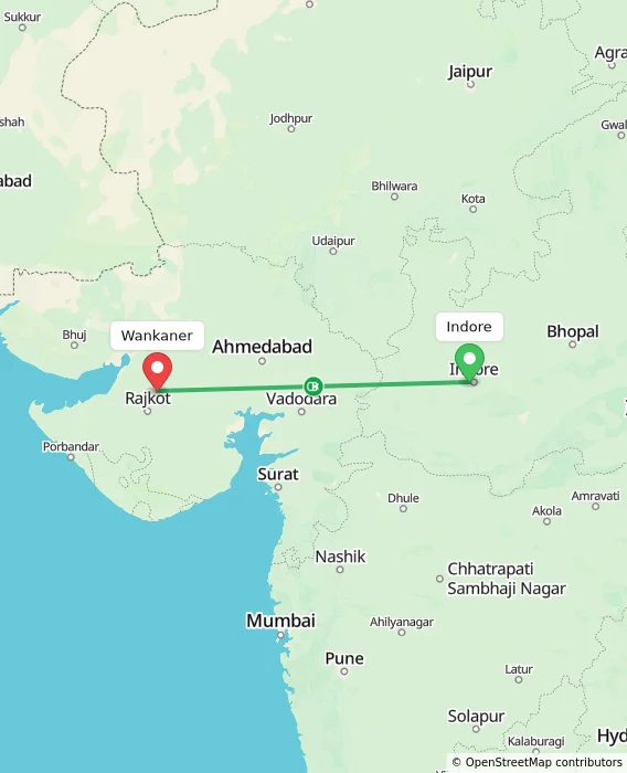 Route map showing distance and travel time from Indore, India to Wankaner, India