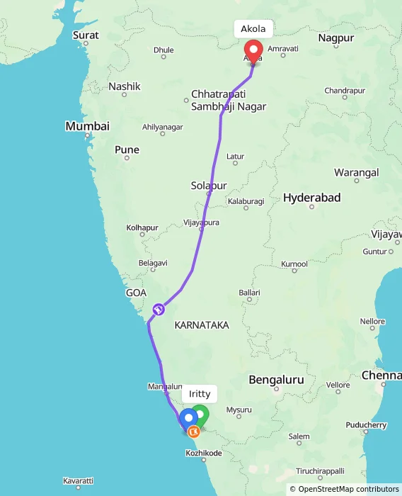Route map showing distance and travel time from Iritty, India to Akola, India