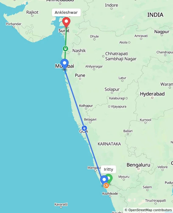 Route map showing distance and travel time from Iritty, India to Ankleshwar, India