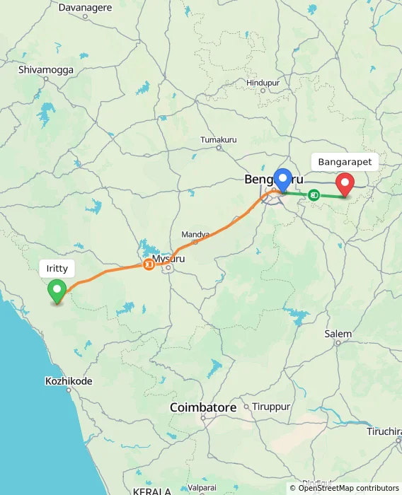 Route map showing distance and travel time from Iritty, India to Bangarapet, India