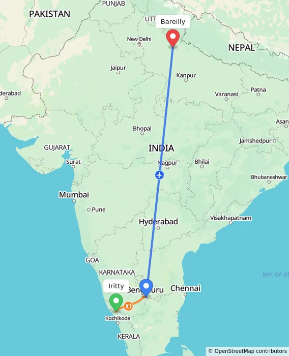 Route map showing distance and travel time from Iritty, India to Bareilly, India