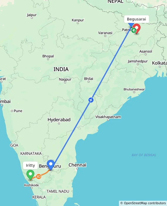 Route map showing distance and travel time from Iritty, India to Begusarai, India