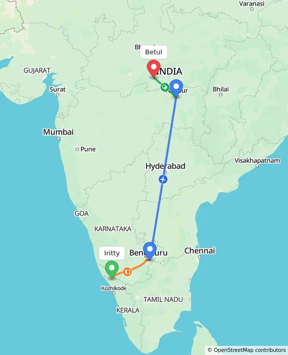 Route map showing distance and travel time from Iritty, India to Betul, India