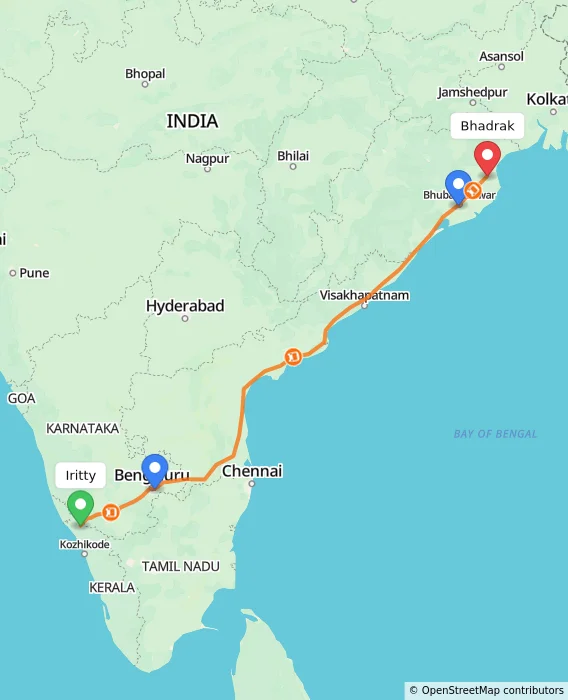 Route map showing distance and travel time from Iritty, India to Bhadrak, India