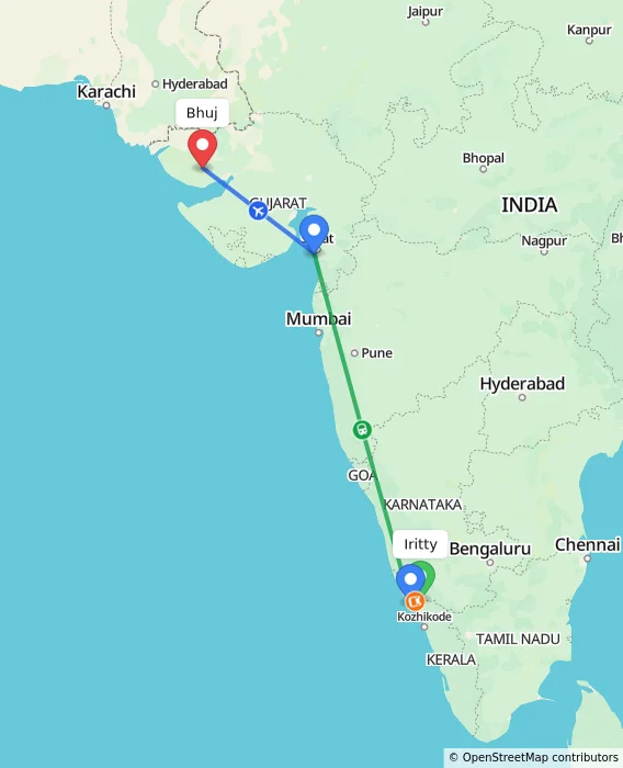 Route map showing distance and travel time from Iritty, India to Bhuj, India