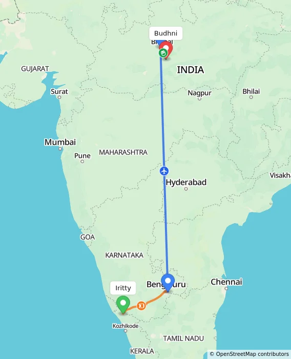 Route map showing distance and travel time from Iritty, India to Budhni, India