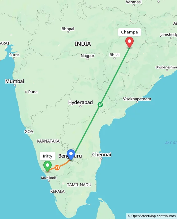 Route map showing distance and travel time from Iritty, India to Champa, India