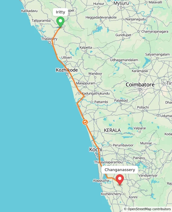 Route map showing distance and travel time from Iritty, India to Changanassery, India