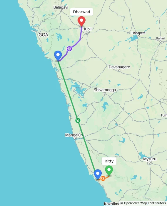 Route map showing distance and travel time from Iritty, India to Dharwad, India