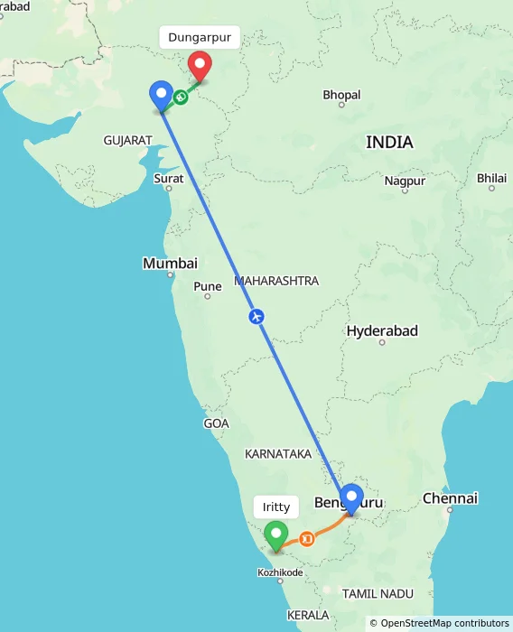 Route map showing distance and travel time from Iritty, India to Dungarpur, India