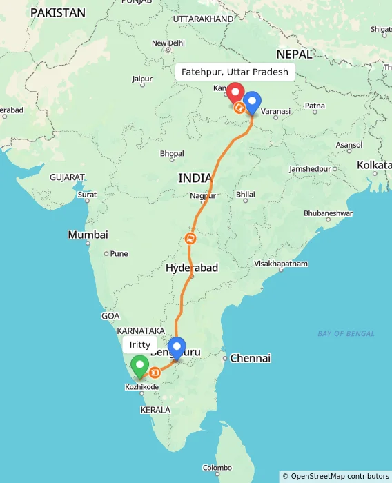 Route map showing distance and travel time from Iritty, India to Fatehpur, Uttar Pradesh, India