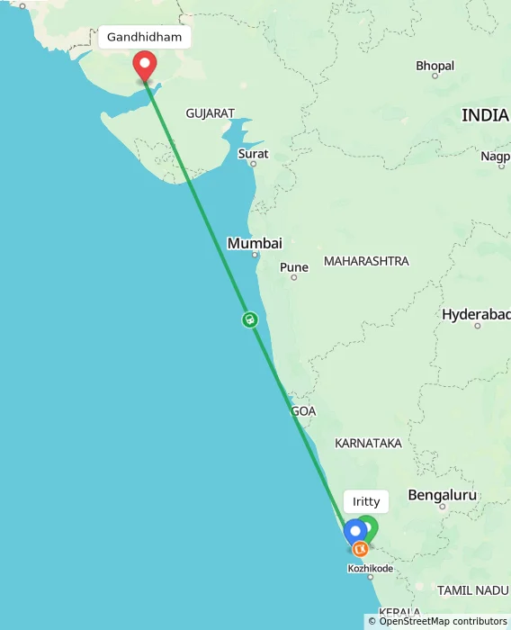 Route map showing distance and travel time from Iritty, India to Gandhidham, India