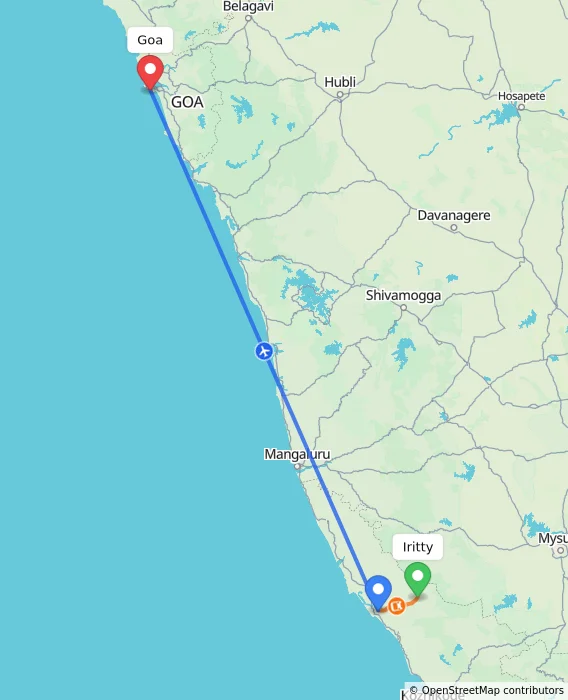 Route map showing distance and travel time from Iritty, India to Goa, India
