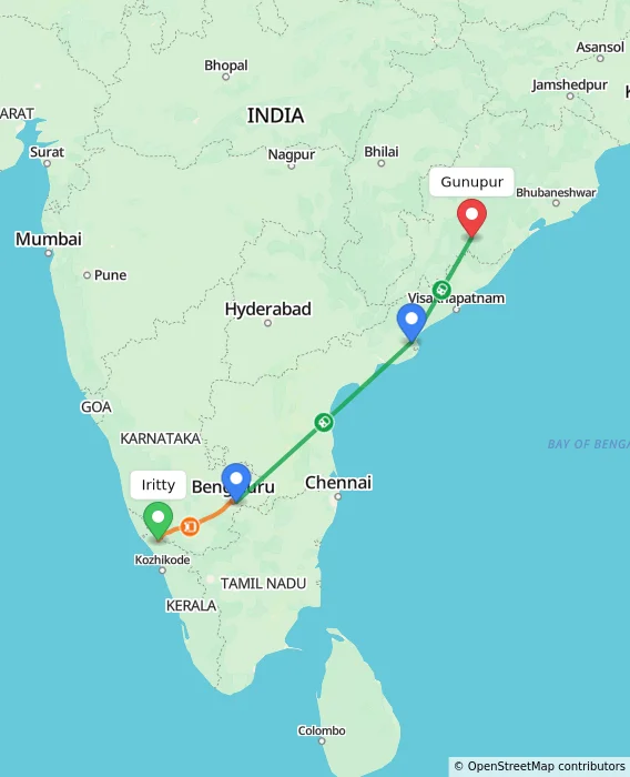 Route map showing distance and travel time from Iritty, India to Gunupur, India