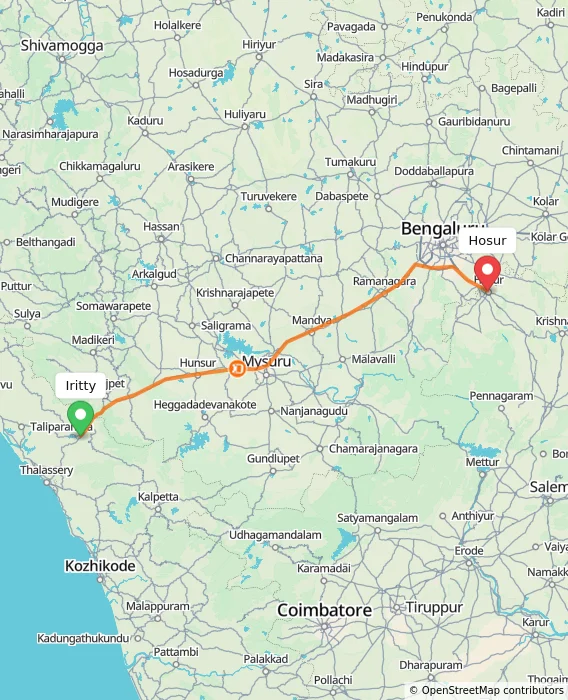 Route map showing distance and travel time from Iritty, India to Hosur, India