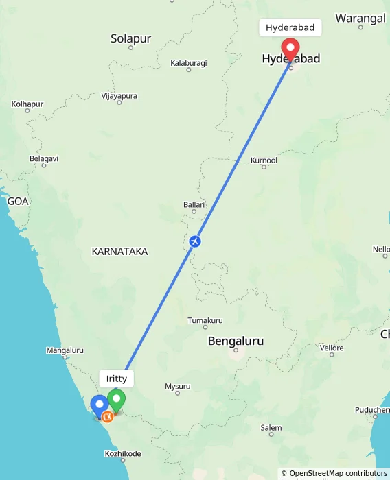 Route map showing distance and travel time from Iritty, India to Hyderabad, India