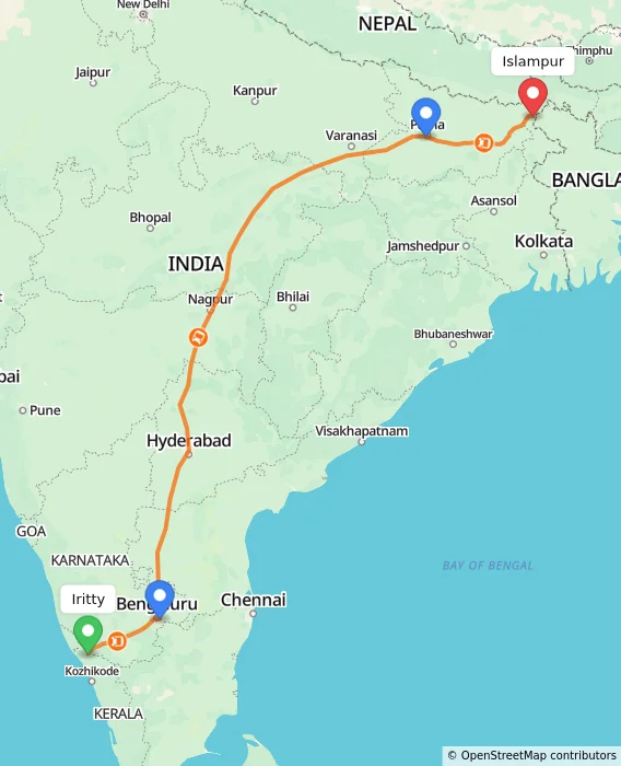 Route map showing distance and travel time from Iritty, India to Islampur, India