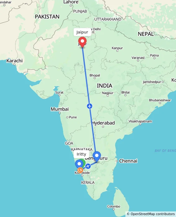 Route map showing distance and travel time from Iritty, India to Jaipur, India