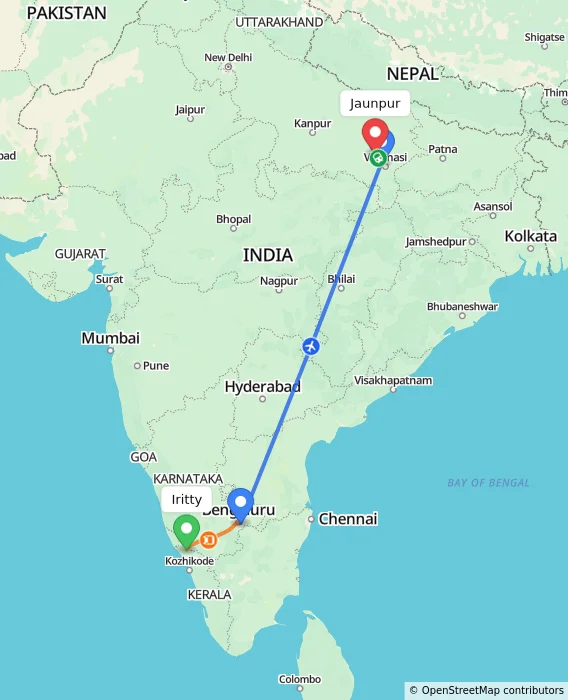 Route map showing distance and travel time from Iritty, India to Jaunpur, India