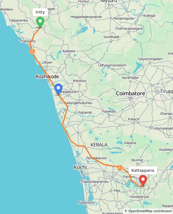 Route map showing distance and travel time from Iritty, India to Kattappana, India