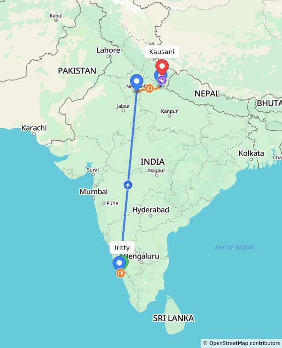 Route map showing distance and travel time from Iritty, India to Kausani, India