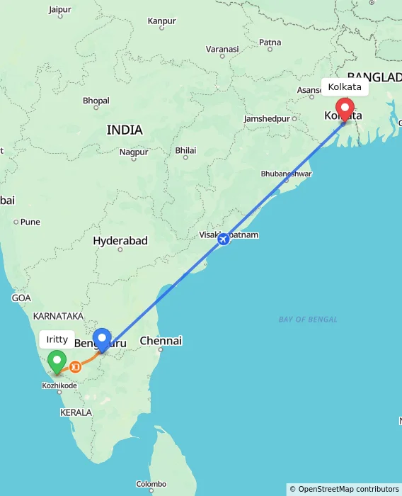 Route map showing distance and travel time from Iritty, India to Kolkata, India