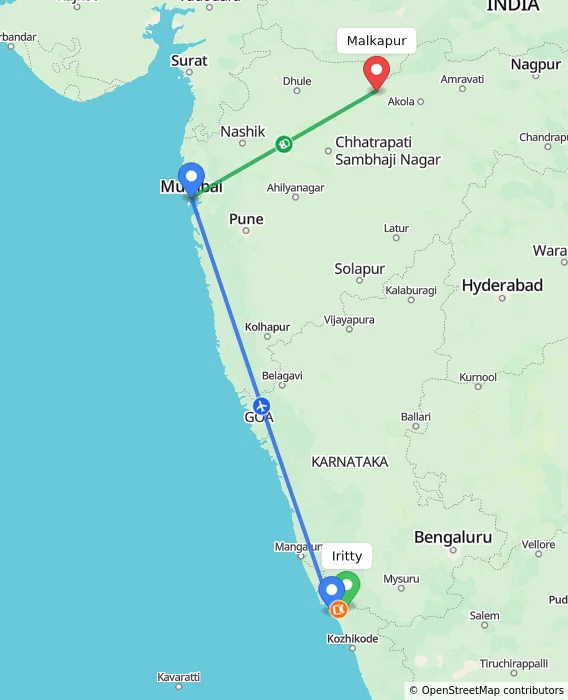 Route map showing distance and travel time from Iritty, India to Malkapur, India