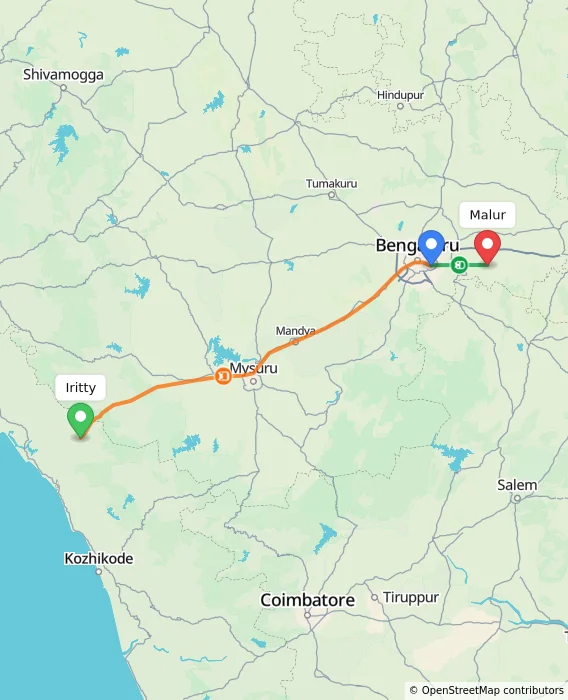 Route map showing distance and travel time from Iritty, India to Malur, India