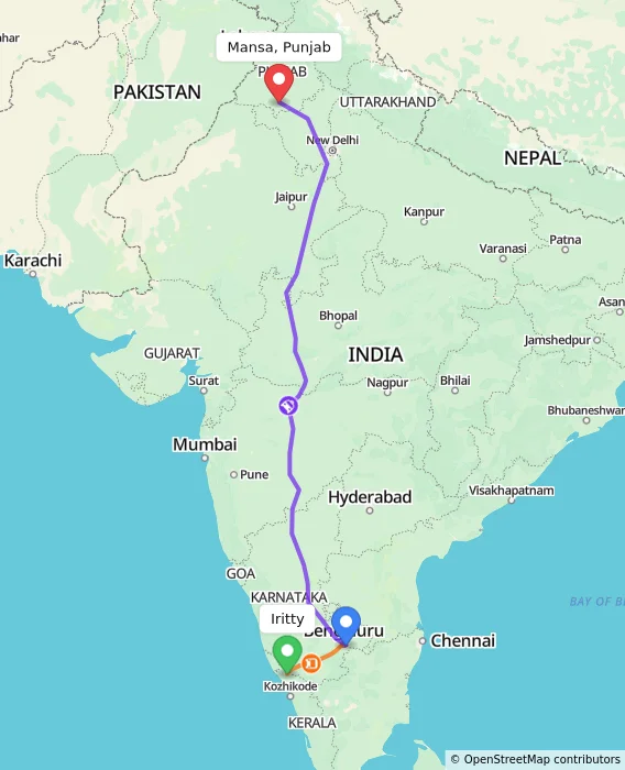 Route map showing distance and travel time from Iritty, India to Mansa, Punjab, India