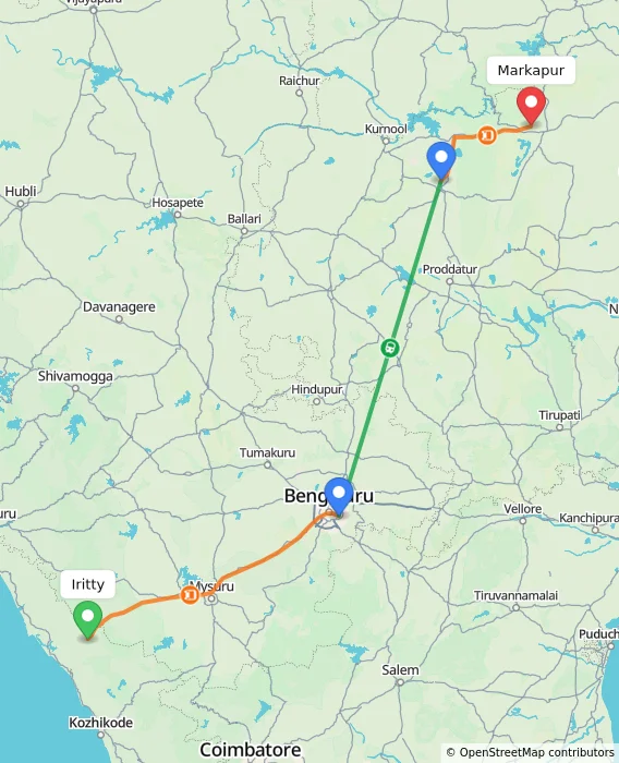 Route map showing distance and travel time from Iritty, India to Markapur, India