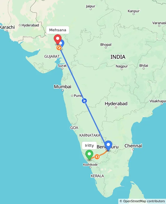 Route map showing distance and travel time from Iritty, India to Mehsana, India