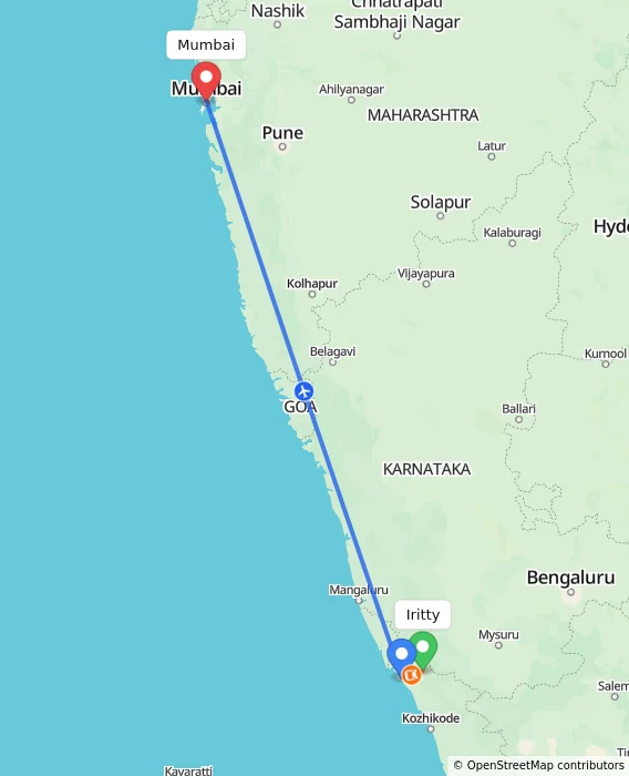 Route map showing distance and travel time from Iritty, India to Mumbai, India