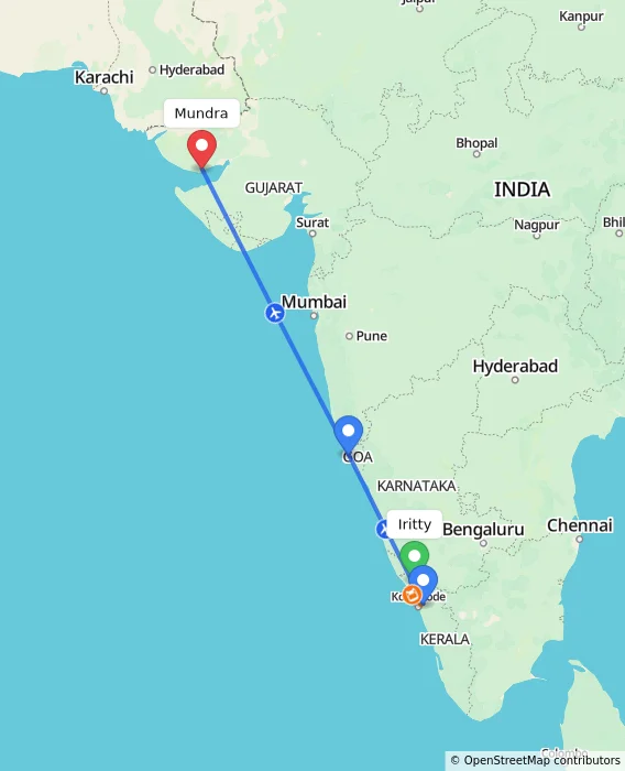 Route map showing distance and travel time from Iritty, India to Mundra, India