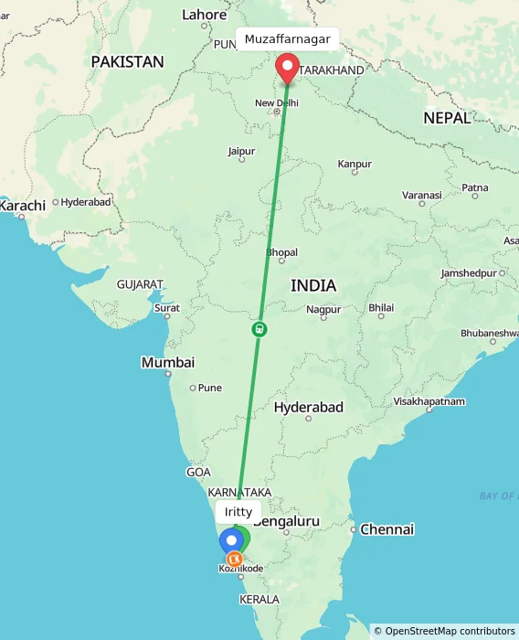 Route map showing distance and travel time from Iritty, India to Muzaffarnagar, India