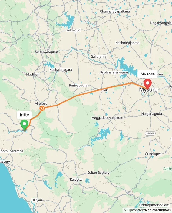 Route map showing distance and travel time from Iritty, India to Mysore, India