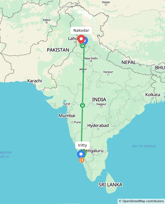 Route map showing distance and travel time from Iritty, India to Nakodar, India