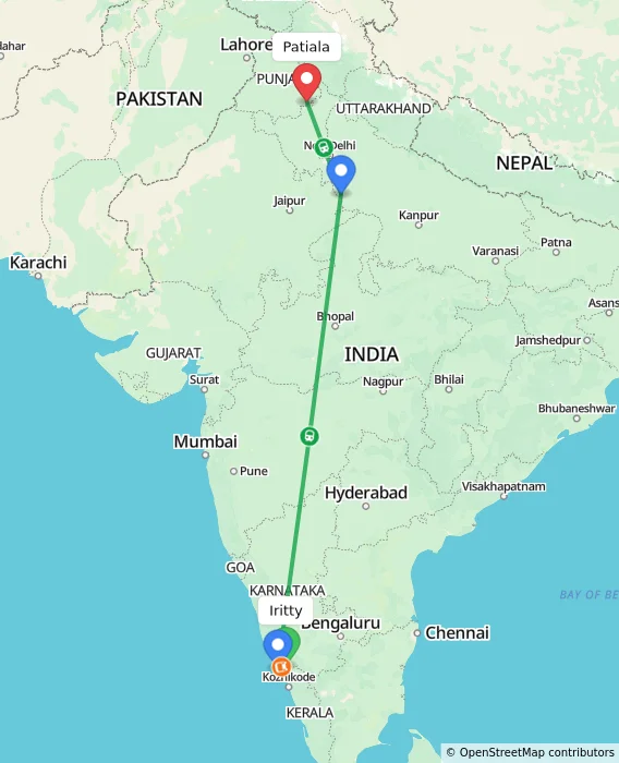 Route map showing distance and travel time from Iritty, India to Patiala, India