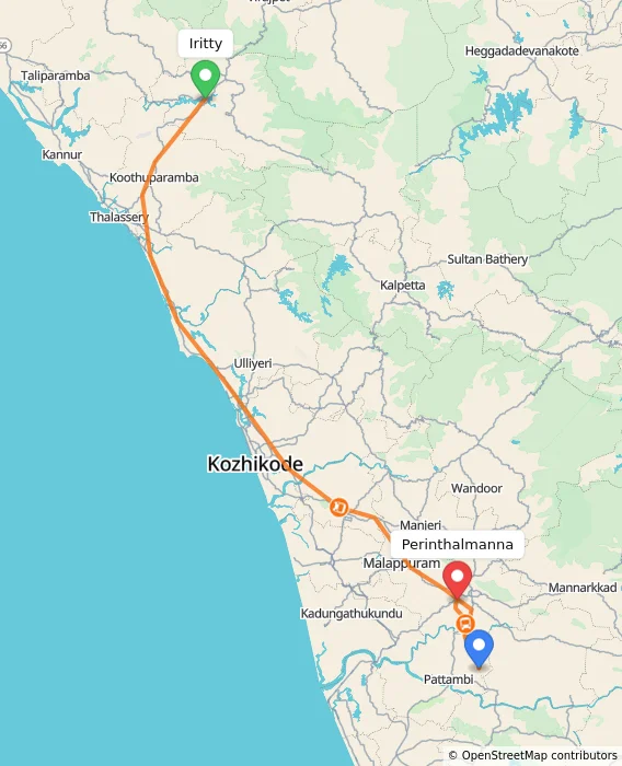 Route map showing distance and travel time from Iritty, India to Perinthalmanna, India