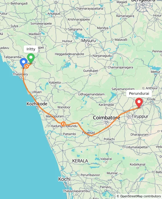Route map showing distance and travel time from Iritty, India to Perundurai, India