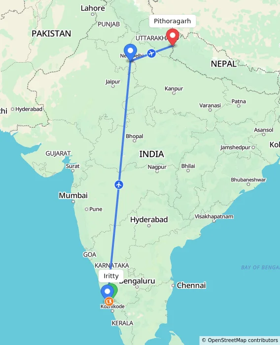 Route map showing distance and travel time from Iritty, India to Pithoragarh, India