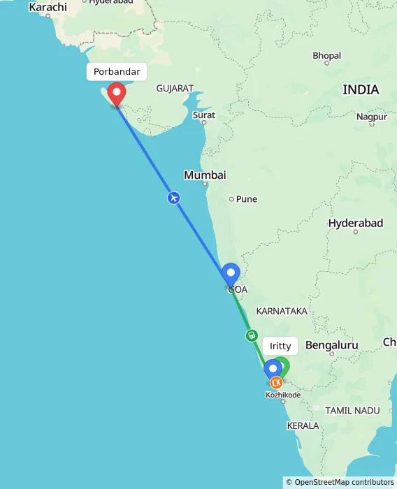 Route map showing distance and travel time from Iritty, India to Porbandar, India