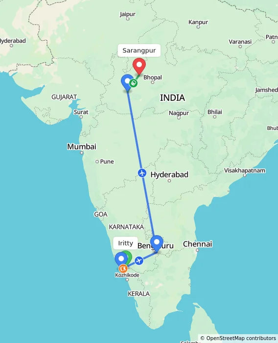 Route map showing distance and travel time from Iritty, India to Sarangpur, India
