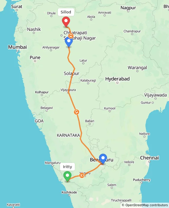 Route map showing distance and travel time from Iritty, India to Sillod, India
