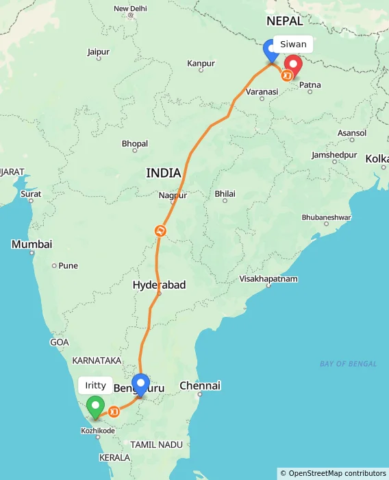 Route map showing distance and travel time from Iritty, India to Siwan, India