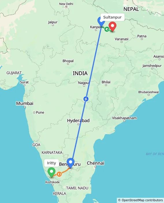 Route map showing distance and travel time from Iritty, India to Sultanpur, India
