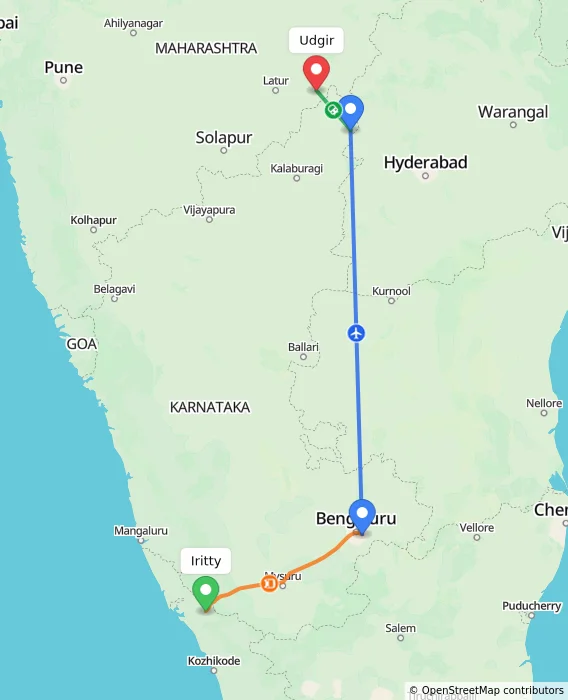 Route map showing distance and travel time from Iritty, India to Udgir, India