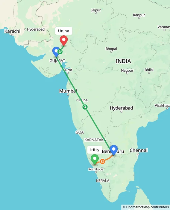 Route map showing distance and travel time from Iritty, India to Unjha, India