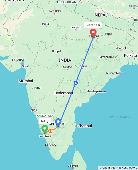Route map showing distance and travel time from Iritty, India to Varanasi, India