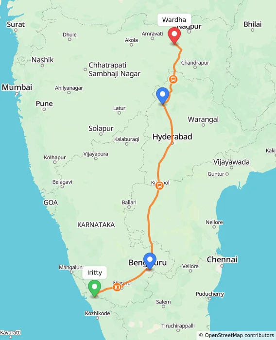 Route map showing distance and travel time from Iritty, India to Wardha, India